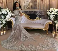 Dubai Arabic Luxury Sparkly Wedding Dresses Sexy Bling Beaded Lace Applique High Neck Illusion Long Sleeves Mermaid Chapel Bridal 1308309