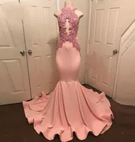 Abiye Peachpink Mermaid Prom Gowns Halter Neck Neckeseveless Robe de Soiree Party Dress Lace Rephiques Long Prom Dress 2018 Formal D9643545
