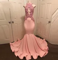 Abiye Peachpink Mermaid Prom Gowns Halter Neck Neckeseveless Robe de Soiree Party Dress Lace Rephiques Long Prom Dress 2018 Formal D5250830