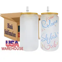 US Stock SubliMation Glass Wine Cups Beer Mugs With Bamboo Lids and Straw Diy Blanks Frosted Clear Mason Jar Tumblers Cocktail Iced Coffee Soda Whisky Cups