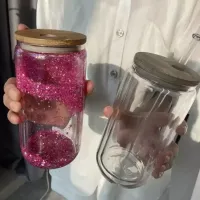US LAGER 16 Unzen doppelwandige Sublimationsbecher Klare transparente Glasdose Schneekugel Tumbler Trinkwasserflasche mit Strohhalm NEU
