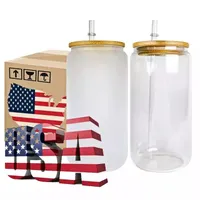 Estoque dos EUA 16 onças de sublimação canecas de vidro garrafas de água xícaras em branco com tampa de bambu tampa de cerveja fosca copos