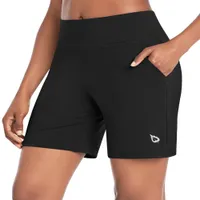Yoga Shorts Mulheres é de 7 "shorts atléticos de cintura alta, bermuda shorts com bolsos pretos x-large
