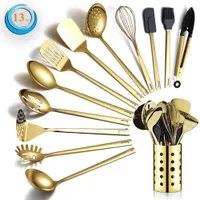 13 peças utensílios de cozinha de ouro, utensílios de cozinha em aço inoxidável conjunto com suporte de utensílios