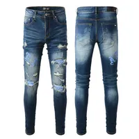 Designer kleding denim broek amiiri nieuwe trend mode slanke fit kleine voet elastische patch blauw jeans amiiri modemerk nood gescheurde skinny jeans