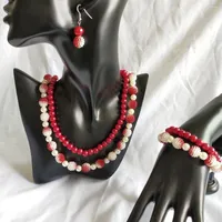 Halsband örhängen set handgjorda grekiska sorority dubbel linje rött vit mode klassisk benben halshaltig; temperament