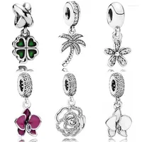 Loose Gemstones Original Enamel Four-leaf Clover Flower Palm Tree With Crystal Pendant Fit Europe Bracelet 925 Sterling Silver Charm Jewelry