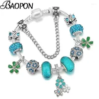 Charm Bracelets High Quality Silver Plated With Blue Crystal Flower Pendant Beads Brand Bracelet Bangle For Women Jewelry Gift