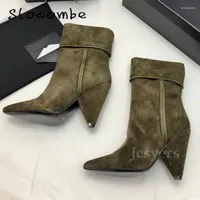 Motorcycle Armor Spring Female Child Suede Pointed Toe Heel Slip Ankle Boots Ladies Elegant Turned Edge Solid Color Mid Calf Shoes