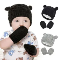 Hoeden 1 Set Kid Bonnet Mitten Anti-Pilling Twisted Texture Solid Color No Odor Infant Hat Gloves for Home