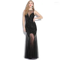Casual Dresses Women Sleeveless V Back Sheer Long Vestido Embellished Beaded Sequin Dress Vintage 1920s Great Gatsby Flapper Party