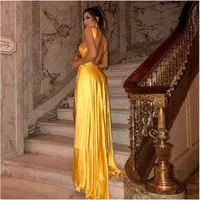 Backless Gold Sexy Long Prom Dresses High Slit A Line Shiny Satin Formal Dress For Women Plus Size Evening Party Gown