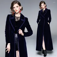 Women's Trench Coats Elegant Dark Blue Lady Slim Velvet Turn-Down Collar Pockets Overcoat Jackets Women With Long Sleeves Winter Autumn 2023