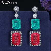 Dangle Earrings BeaQueen Est Design Square Cut Green Red Broken CZ Crystal Hanging Drop Earring Black Gold Color Ladies Zirconia Jewelry