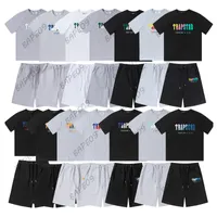 남성 여름 트랩 스타 트랙 슈트 디자이너 레인보우 타월 자수 자수 남성과 여자 티셔츠 바지 2 조각 세트 남자 검은 흰색 라운드 목 티셔츠