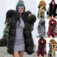 Women's Trench Coats Long Coat Warm Winter Fashion Camouflage Print Hooded Stitching Fur Collar Sleeve Street Cool Casual OverCoat Woman