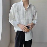 Men's Dress Shirts Black White Long-sleeved Shirt Men Slim Fashion Social Mens Korean Casual Pleated Formal M-2XL