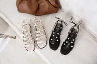 Dress Shoes 2023 Shiny Beaded Ankle Strap Gladiator Sandals Ladies Silver Sexy Party Thin Flat High Heels Summer Open-toe