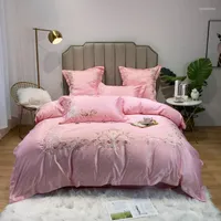 Bedding Sets Pink Satin Cotton Embroidery Set Queen King Size 4pcs Solid Color Duvet Quilt Cover Bed Sheet Pillowcases Home Textile