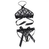 Bras Sets Sexy Lace Two-piece Halter Lingerie Women's Erotic See Through Bow G-string Underwear Pajamas Sex Adult Flirting Clothes