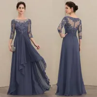 Elegant Navy Blue A-Line Scoop Neck Floor-Length Chiffon Lace Bridesmaid Mother of the Bride Dresses With Cascading Ruffles Prom Evening Go