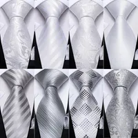 Neck Ties DiBanGu Designer White Gray Sliver Men's Hanky Cufflinks Set Silk ties For Men Wedding Party Business Mens Tie 230131