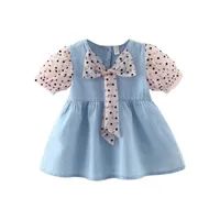 Girl's es Toddler Newborn Baby Girl Summer Denim Casual Short Sleeve V Neck Bow Front A-line Dress 9M-3T 0131