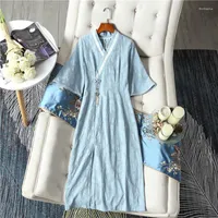 Ethnische Kleidung 2023 Sommer Baumwolle Jacquard V-Ausschnitt Zen Kleid Hanfu National großes Ärmel Cheongsam Frauen