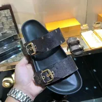 Designer Women Slippers BOM DIA FLAT MULE 1A3R5M Cool Effortlessly Stylish Slides Sandals Two Straps with Adjusted Gold Buckles with Box Size 35-43