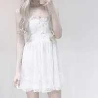 Casual Dresses Harajuku Japanese Bow Tie Sexy White Lace Dress Female Ins Summer Korean Fashion Simple Solid Sweet Strap