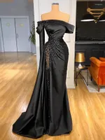 Feestjurken Sexy Black Pleat Satin Long Prom Dress Pearls Evening Gala Mermaid Formele Luxe jurk bruiloft Gelegenheid