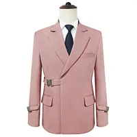 Men's Suits Pink Belt Design Mens 2 Pieces Double Breasted Coat Pant Latest Wedding Groom Prom Tuxedos Blazer Set