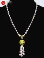 Choker Qingmos Natural 5-6mm Round White Pearl Necklace For Women With Pink Crystal & 18mm Cloisonne Pendant Jewelry Nec6326