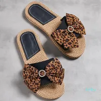 Slippers Ladies Leopard Shoes Women Summer Artificial Straw Flower Slides Female Bows Floral Outdoor Non Slip