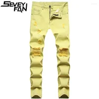 Men's Jeans SEVEYFAN Men's Fashion Skinny Ripped Yellow Stretch Hole Denim Pants Urban Trendy For Male