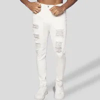 Men's Jeans Hip Hop Destroy Ripped White Piercing Casual Straight Tube Men Pants High Street Full Length Denim Trousers