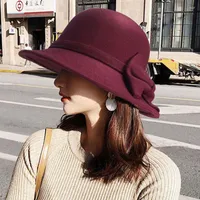 Berets Women Bow-knot Hat Korean Woolen Felt Fedoras Ladies Vintage Elegant Bucket Cap Warm Autumn Spring Panama