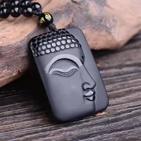 Pendant Necklaces Drop Natural Black Obsidian Carved Buddha Lucky Amulet Necklace For Women Men Fine Jewelry Healing Gift