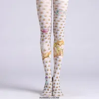 Women Socks Chrysanthemum Cat Afternoon Printed Pantyhose Stockings Tight Cotton Blends Cartoon Running Chick Cn(origin) STANDARD
