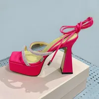 Mach Sandals 이중 방수 플랫폼 Cleo Crystal Studded 발목 랩 어라운드 드레스 신발 파티 디자이너 9.5cm High Heeled Rheeled Rhome Rome Womens Sandal Box