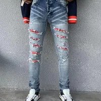 Men's Jeans 2023 Design High Street Fashion Men With Hole Light Blue Slim Fit Ripped Red Patched Hip Hop Denim Pants