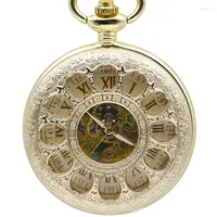 Pocket Watches Full Gold Hollow Flowers Mechanical Hand-Winding Retro Unisex Exquisite Roman Numerals With Fob Chain PJX1371