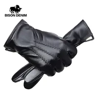 Mittens BISON DENIM Men Genuine Sheepskin Leather Gloves Autumn Winter Warm Touch Screen Full Finger Black High Quality S168 230131