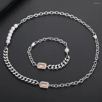 Link Bracelets Hip Hop Cuban Chain Zircon Jewelry Stainless Steel Gemstone Pearl Rock Adjustable Bracelet Necklace For Men
