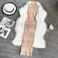 Casual Dresses Turtleneck Sleeveless Retro Solid Color Bodycon Slim Fit Long Dress For Women Black Knitted Hip