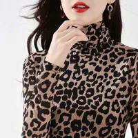 Women's T Shirts Spring Autumn Long Sleeve Turtleneck Leopard Shirt Women Casual T-shirts Tops Tees Middle-aged Clothing