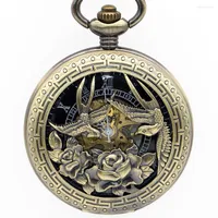 Pocket Watches Vintage Flower And Bird Carving Skeleton Dial Mehanical Hand Wind With Fob Chain For Mens Womens PJX1349