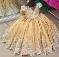 2023 Gold Flower Girl Dress Toddler For Wedding Flowers Pageant Dress Lace Appliques Bow Christmas Evening Gowns Birthday Party First Communion Short Sleeves