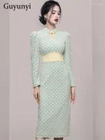Casual Dresses Vintage Jacquard Dress Spring Stand Neck Hollow Out Small Puff Full Sleeve High Waist Line Sheath Elegant Party Women