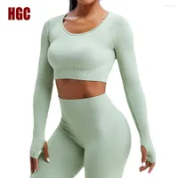 Active Shirts HGC Seamless Yoga Clothes Women's Long Sleeve Sports Top Fitness Gym Workout Running Blouse High Elastic Wear